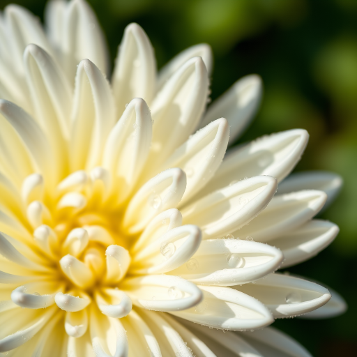 Close-up of a white chrysanthemum with dew drops on the petals, shot with a Canon EOS R5 at f/2.8, 1/200 sec, ISO 100, in natural light to enhance details and colors, with a macro lens for sharpness and clarity.