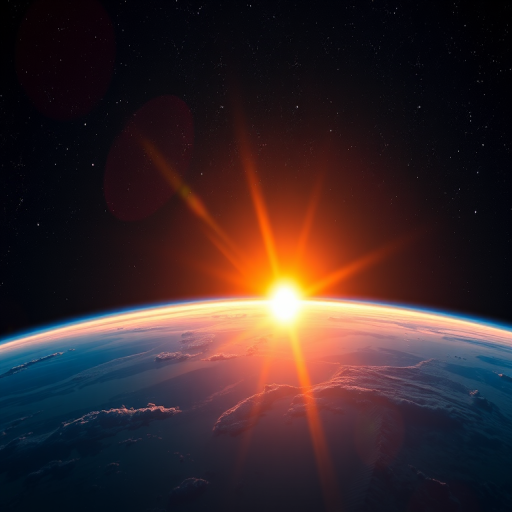 generate a high-resolution image of Earth from space during sunrise, using a wide-angle lens, ISO 100, aperture f/8, shutter speed 1/100 sec, capturing vibrant colors and the glow of the sun on the horizon with starry background, digitally enhanced for clarity and detail