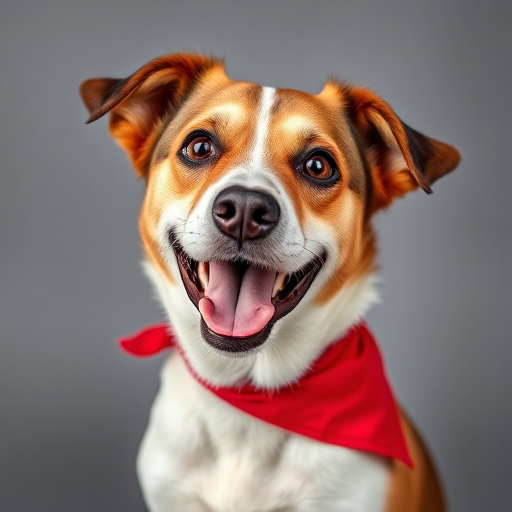 Capture a close-up portrait of a medium-sized dog with a playful expression, wearing a bright red bandana, using a 50mm lens at f/1.8, shoot at ISO 200, 1/100 sec shutter speed, soft diffused lighting from the left, in a studio setting with a plain gray background.