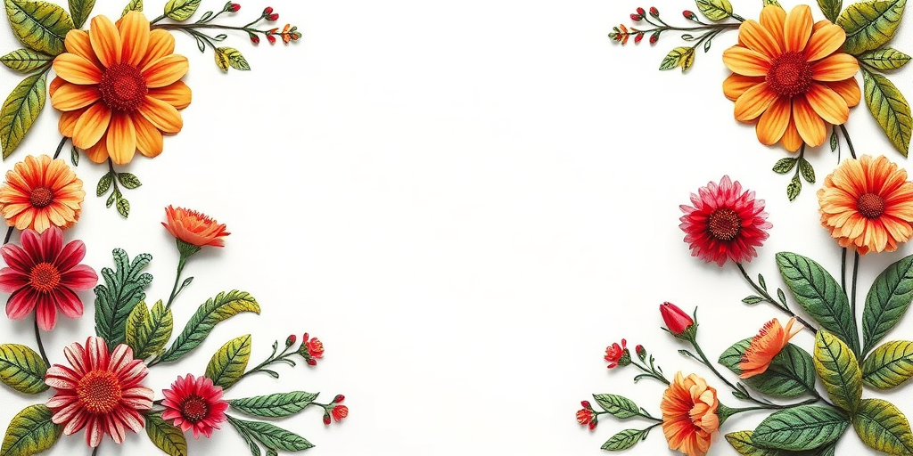 Create a detailed floral border design with intricate patterns and vibrant colors, capturing a high-resolution image using a DSLR camera at f/2.8 aperture, ISO 100, 50mm lens, in soft natural lighting, shot at an overhead angle to enhance depth and texture.