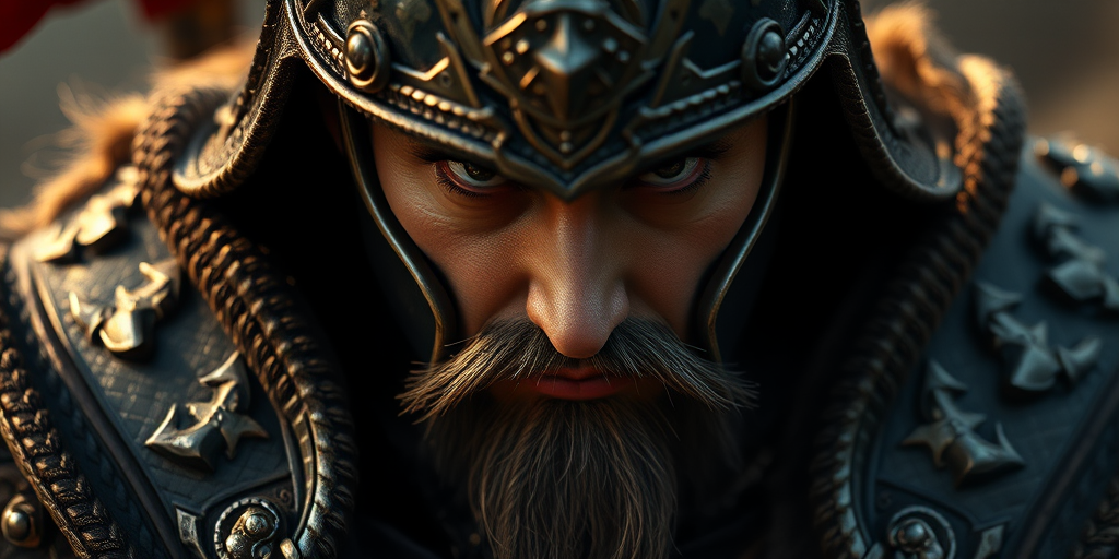 High-detail character portrait of a warrior in intricate armor, showcasing refined textures, dynamic lighting, and dramatic shadows, captured with a Canon EOS R5, 50mm lens, f/1.8 aperture, ISO 100, at a low angle to emphasize depth and detail.