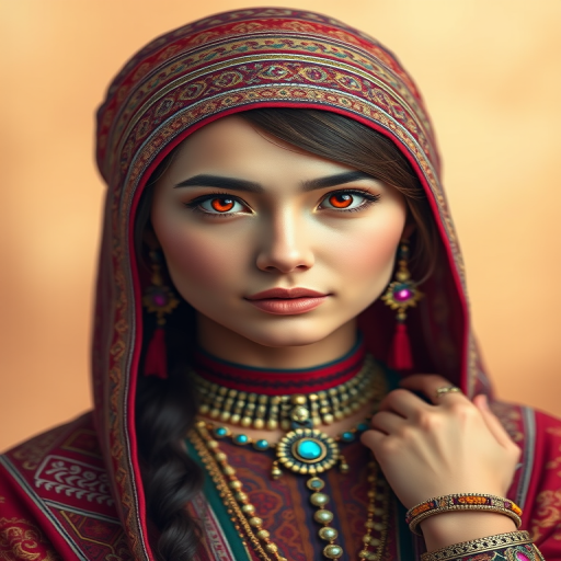 Create a portrait of a beautiful Kyrgyz woman with striking red eyes and a gentle expression. She is adorned in traditional attire with intricate patterns, including a richly embroidered headscarf and matching garments. Her jewelry includes a delicate headpiece, dangling earrings, and ornate bracelets, all featuring vibrant gemstones and detailed metalwork. The background is soft and warm, enhancing the rich colors of her outfit and jewelry.