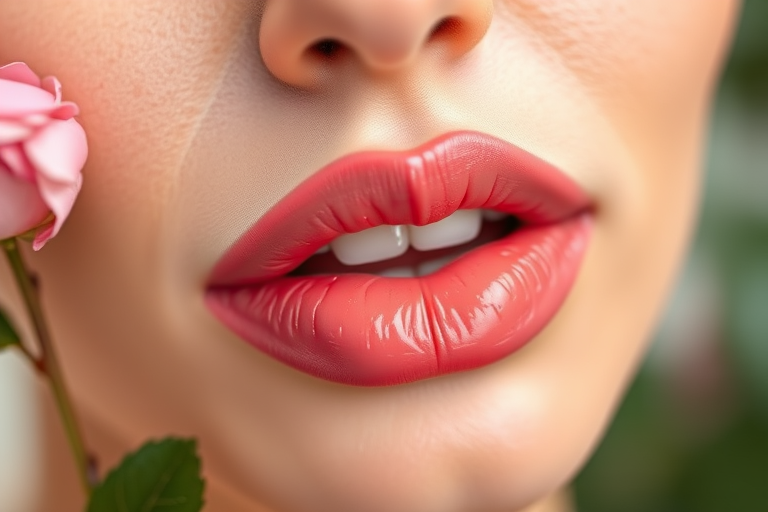 Sheer rose petal pink lip oil infused with botanical extracts, dubbed "Blooming Blush," providing nourishing properties and a subtle tint, perfect for achieving a natural, healthy glow