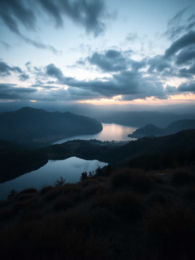 Generate a high-resolution image of a mysterious landscape at dusk with rolling hills and a serene lake, using a Canon EOS R5 camera at ISO 100, f/8 aperture, 24mm lens, shot from a low angle to capture reflections on the water.