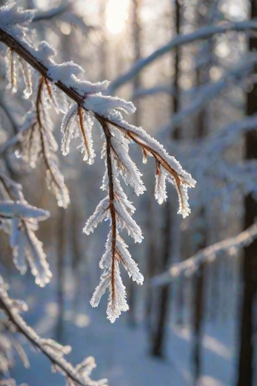 Sharp, detailed close-up of a snow-covered branch in a winter forest, soft sunlight filtering through the trees, with tiny icicles glistening in the cold morning light.