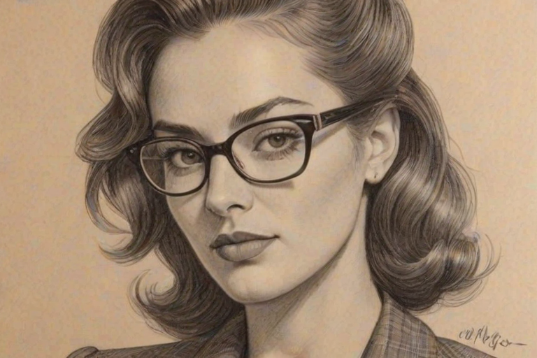 Superb Mariana Trevino, pencil sketch, portrait of Captivating woman 1945s in glasses, hair style beatnik, outline, clear lines, fine lines, 8k