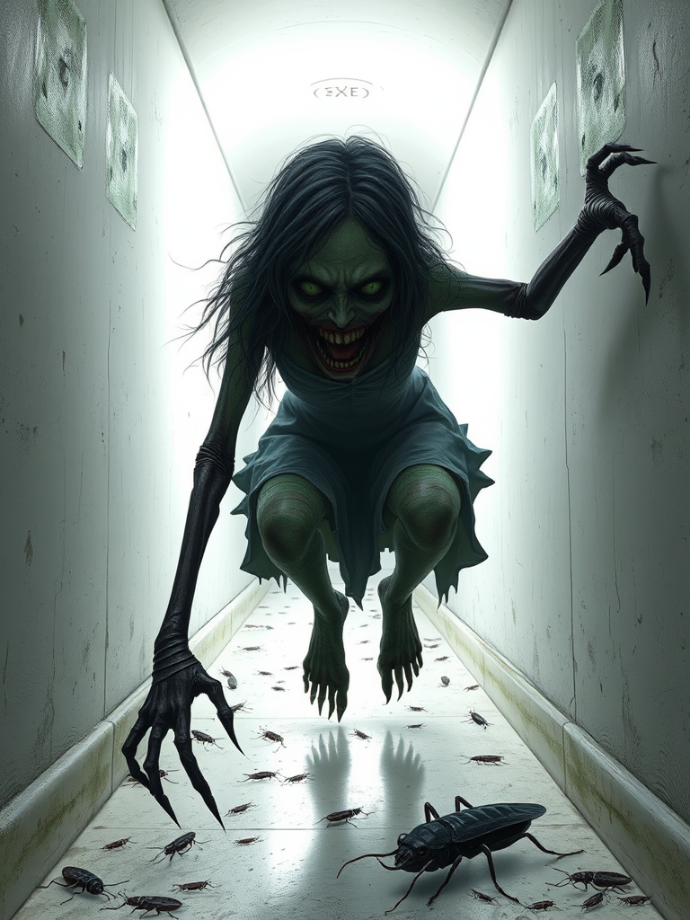a crooked female with long arms and a creepy smile is crawling along a long white corridor and you can also see cockroaches in it there is a creepy atmosphere creepy art style