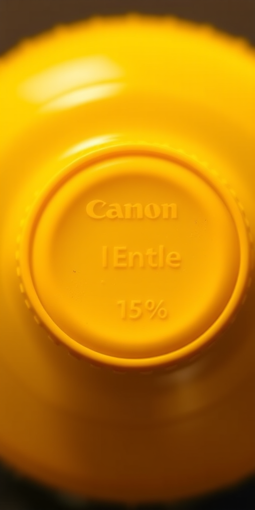 Create a highly detailed image of a yellow bottle cap with a glossy finish, using a Canon EOS 5D Mark IV camera, 50mm lens, aperture set to f/2.8, ISO 100, and natural soft lighting from the left side, capturing a top-down view.