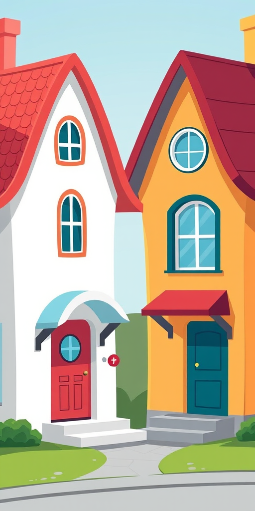 Generate a colorful illustration of two stylized houses with curved shapes and different roof colors, using a digital art style, captured at a 50mm focal length, aperture f/8, with soft lighting, in a high-resolution output for clarity.