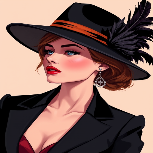 Create a high-resolution illustration of a stylish woman wearing a black hat with feathers, featuring a close-up profile view, vibrant colors, soft lighting, and a light peach background, using a 50mm lens, f/1.8 aperture, and a digital art style to enhance details and textures.