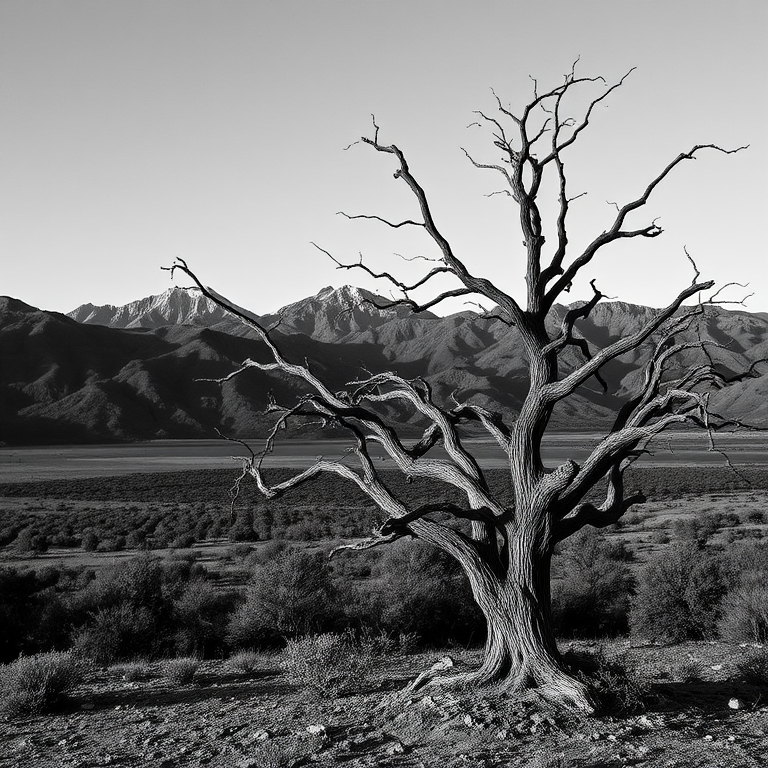 A desolate landscape featuring a gnarled, leafless tree in the foreground with dramatic mountains in the background, captured in black and white, using a DSLR camera with a 50mm lens, aperture set to f/8, ISO 200, shutter speed 1/125s, angled view, slightly low perspective, captured during golden hour for enhanced contrast and texture.