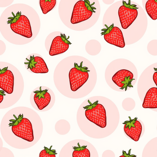 Create a seamless pattern featuring hand-drawn strawberries scattered over pastel pink circles, captured with a Canon EOS R5 at f/8, ISO 100, 50mm lens in a high-resolution digital style.