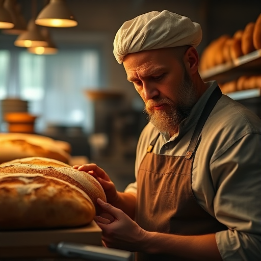 A skilled baker inspecting fresh bread in a dimly lit bakery, capturing warm tones and textures, shot with a Canon EOS R5, 50mm lens, f/1.8 aperture, ISO 200, shutter speed 1/125s, natural light, shallow depth of field.