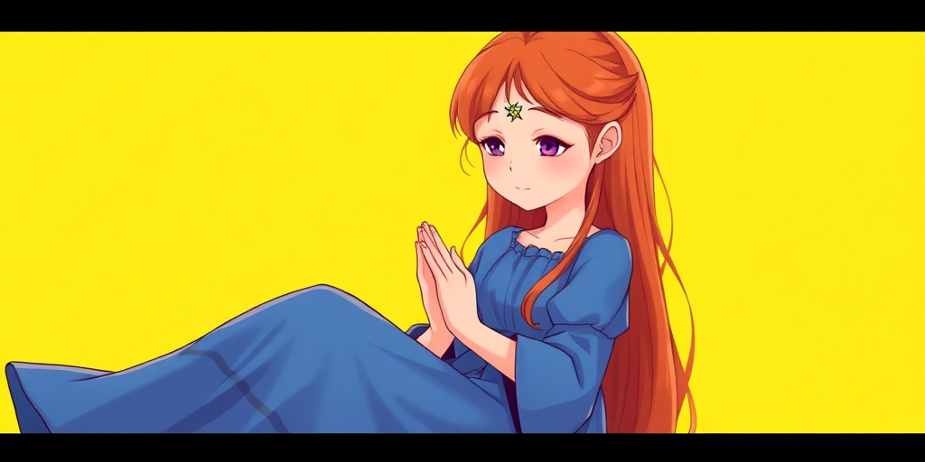 Create an illustration of a young girl with long red hair in a blue dress, sitting with her hands clasped in prayer, set against a bright yellow background, using a digital art style, 4K resolution, soft focus, with a slight vignette effect.