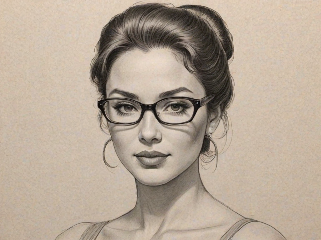 Beauteous Kitana Kiki Rodriguez, pencil sketch, portrait of Delightful woman 1953s in glasses, hair style beatnik, outline, clear lines, fine lines, 8k
