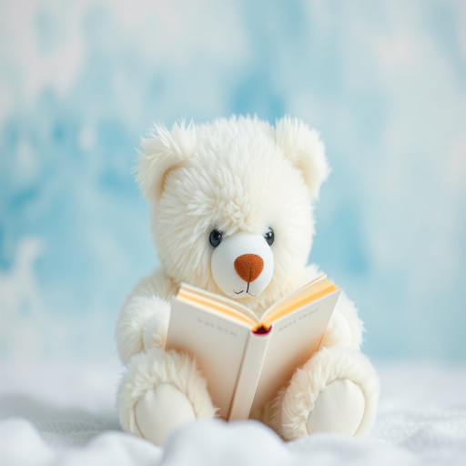 Create a soft-focus image of a fluffy white teddy bear reading a book, with a blurred watercolor background in light blue, using a DSLR camera with a 50mm lens at f/1.8, ISO 200, and a shutter speed of 1/200 seconds.