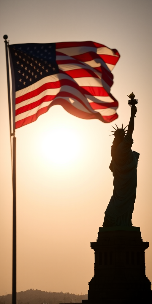 Create a high-resolution silhouette image of the Statue of Liberty with a waving American flag in the background, using a DSLR camera at f/8 aperture, 1/250 shutter speed, ISO 100, shot from a low angle with a wide-angle lens to capture the grandeur and movement of the flag.