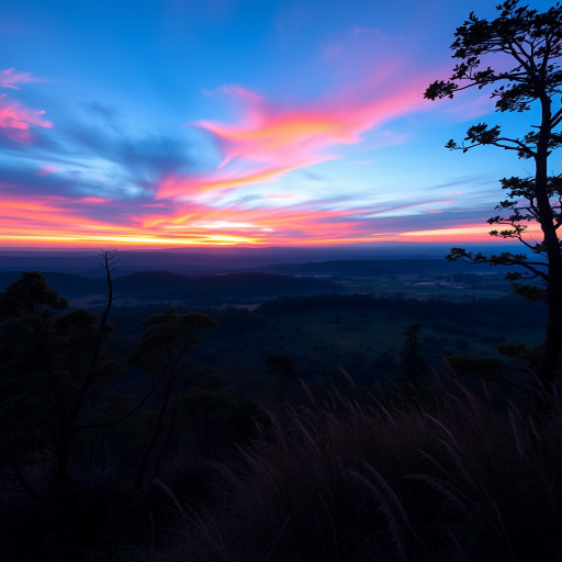 Create an image of a serene landscape during sunset with vibrant colors, using a Canon EOS 5D Mark IV, 50mm lens, aperture f/1.8, ISO 200, shutter speed 1/100s, capturing a wide-angle view and employing a soft focus effect to enhance the tranquility of the scene.