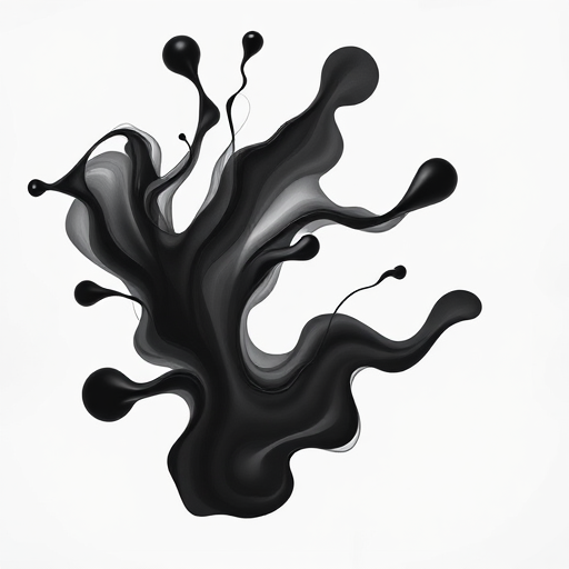 Create a high-resolution vector illustration of abstract black shapes resembling flowing ink, camera settings at f/8, ISO 100, shutter speed 1/200s, with a top-down view, using a DSLR camera in a minimalist style.
