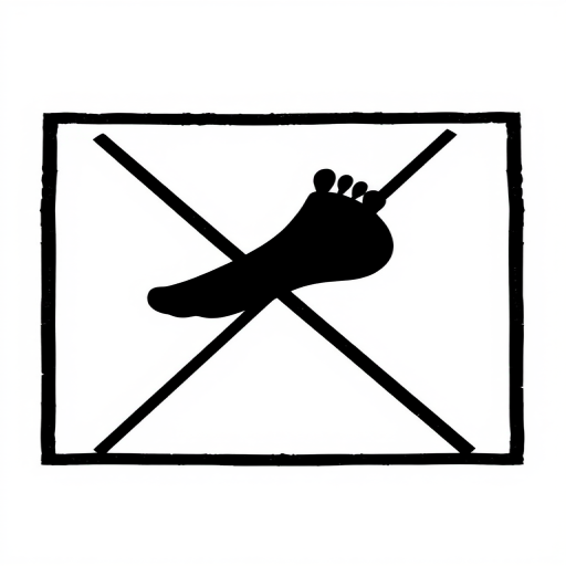 Create an image of a simple black and white design featuring a foot silhouette within a square frame with a diagonal cross over it, captured with a DSLR camera at f/8 aperture, ISO 100, 50mm lens, natural lighting, and a top-down view to enhance clarity and contrast.
