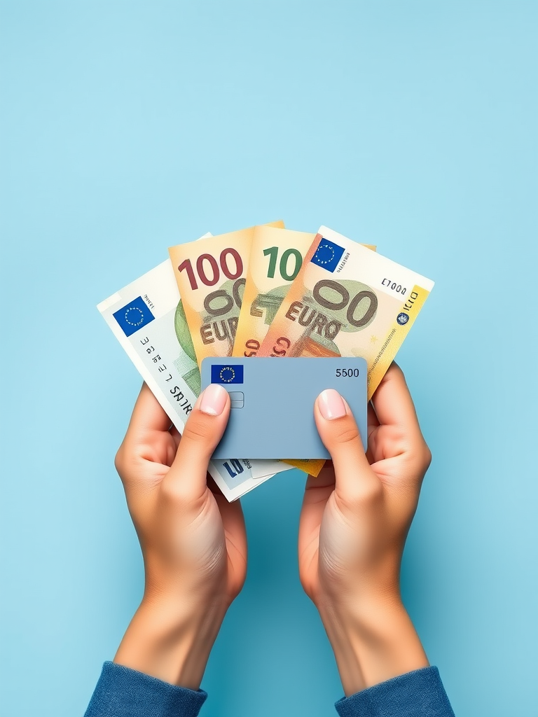 Create an image depicting a pair of hands holding euro banknotes (200, 100, 50) on one side and a contactless credit card on the other side, in a modern flat design style, with a soft pastel blue background, captured using a DSLR camera at f/2.8, ISO 100, 50mm focal length, with a top-down view for enhanced clarity and detail.