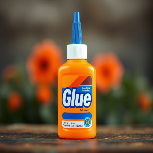 Generate a high-quality vector illustration of an orange glue bottle with a blue cap and the word "Glue" prominently displayed, captured at a 50mm lens with f/2.8 aperture in a soft-focus backdrop to enhance foreground sharpness, using a digital SLR camera for crisp details.