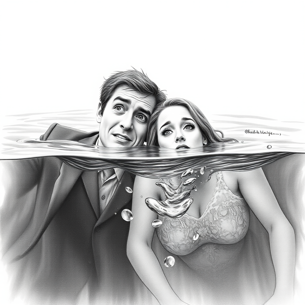 A hyperdetailed photorealistic black and white pencil sketch recreating the iconic scene at the end of Titanic with Jack and Rose floating in the water, only show them making exaggerated funny faces at the camera. Show Rose spitting water at the camera.