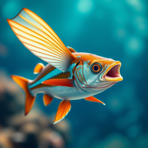 Illustration of a flying fish with detailed fins, bright colors, and a glossy finish, captured using a Canon EOS R5 with an EF 24-70mm f/2.8L II USM lens, aperture set to f/8, ISO 100, and a focal length of 50mm, in a vibrant underwater scene with soft focus background to enhance the fish's sharp details.