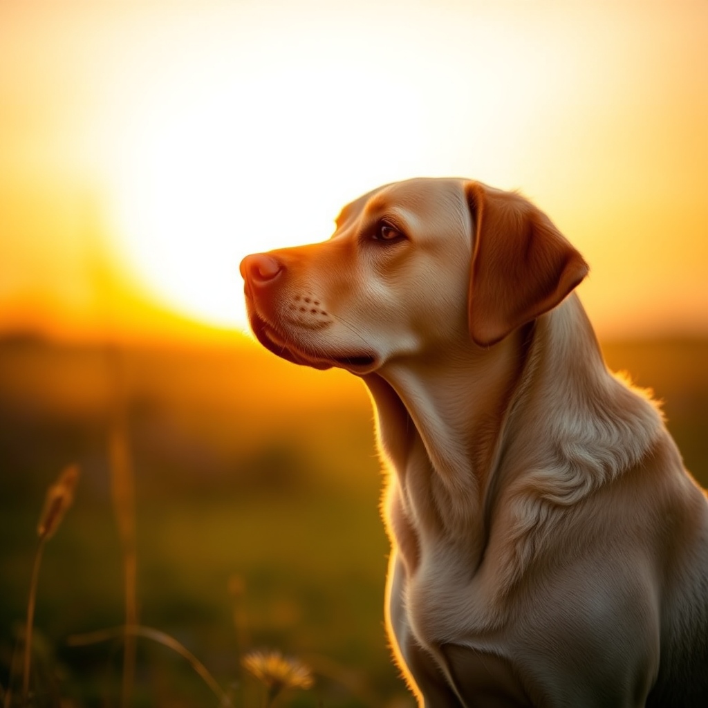Labrador retriever in a golden sunset, shallow depth of field, f/1.8 aperture, 85mm lens, ISO 200, shot from a lower angle to emphasize the dog's profile, natural lighting, DSLR camera.