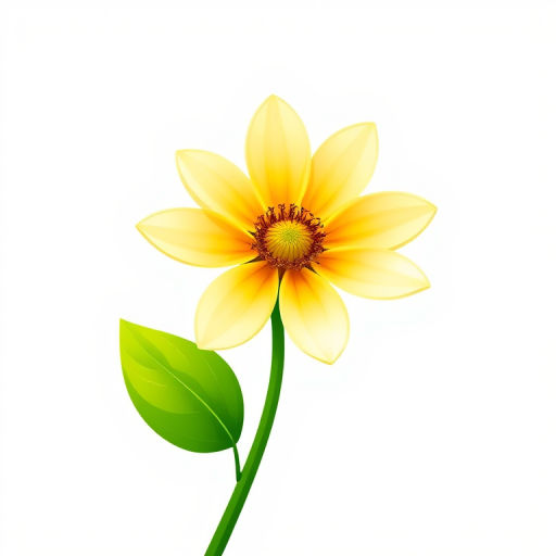 Create a vibrant digital illustration of a stylized flower with a yellow center and green leaves, set against a clean white background, using a Canon EOS 5D Mark IV camera with an aperture of f/8, ISO 100, and a focal length of 50mm to enhance detail and clarity.