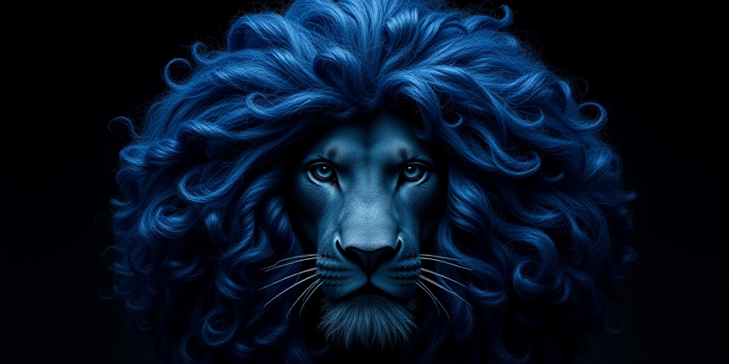 Majestic indigo lion mane known as Midnight Mane featuring voluminous curls and coils styled in a gravity-defying spherical shape resembling a regal cosmic feline