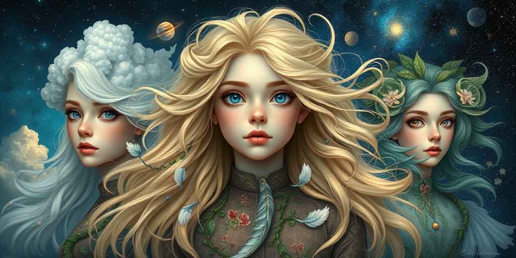 Create a series of imaginative portraits where each subject is infused with elements of fantasy and nature. The hair of the individuals should flow like clouds, varying from soft, fluffy cumulus to wispy cirrus strands, with hints of color reflecting a sunset or a clear blue sky. The eyes should be windows to entire galaxies, with stars, nebulae, and distant planets visible within them. Clothing should be adorned with nature motifs, such as floral patterns that bloom and change, vines that seem to grow and wrap around, or feathers that shimmer with iridescence. Each portrait should capture a unique personality, blending human features with the ethereal beauty of the natural and cosmic world. The backgrounds can vary, from starry night skies to enchanted forests, adding depth and context to the magical realism of the portraits