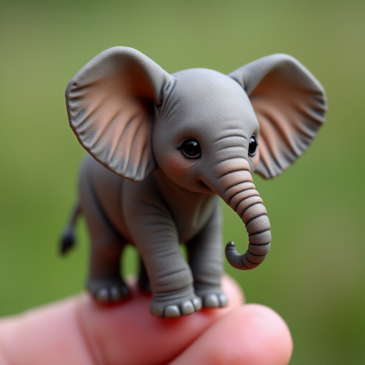 An extremely hyper-realistic elephant, its whole body fits perfectly in someone's finger. The elephant has rare colors and is extremely adorable. The elephant is extremely cute, making it eye-catching when enlarged. And standing on 2 legs