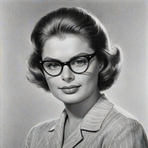 Exquisite Ingrid Bergman, pencil sketch, portrait of Splendid woman 1960s in glasses, hair style beatnik, outline, clear lines, fine lines, 8k