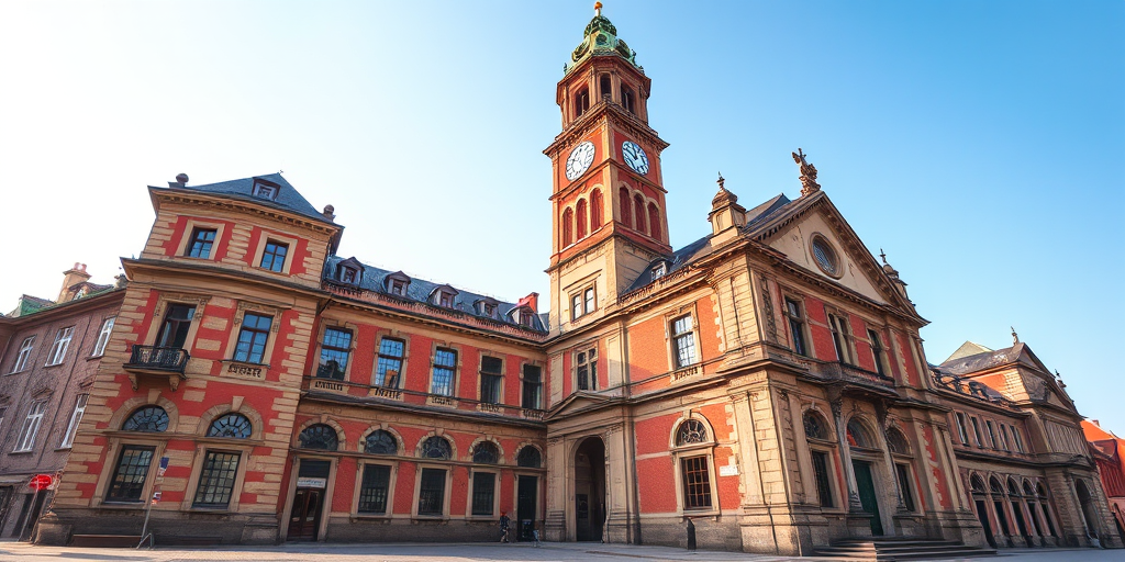 Regenerate an image of a historic building with a tall clock tower, captured with a Canon EOS R5 at f/8, ISO 100, 24mm focal length, shot in HDR mode from a wide-angle perspective, emphasizing the architectural details and vibrant colors.