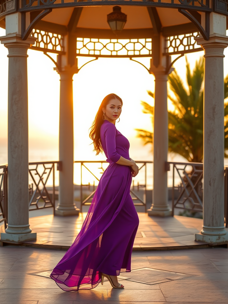 capture a stylish model in a flowing purple outfit standing gracefully under a gazebo by the sea during golden hour, use a Canon EOS R5, 50mm lens, f/1.8 aperture, ISO 100, shutter speed 1/200s, soft focus background for depth, vibrant color saturation.