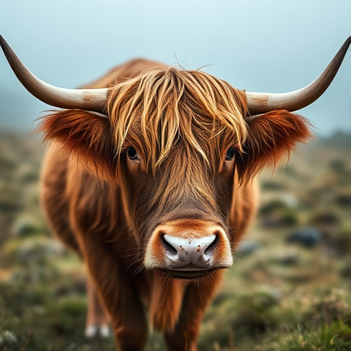 Highland cow in a misty landscape, close-up shot, shallow depth of field, aperture f/2.8, ISO 200, shutter speed 1/250s, 50mm lens, soft natural lighting, captured with a DSLR camera.