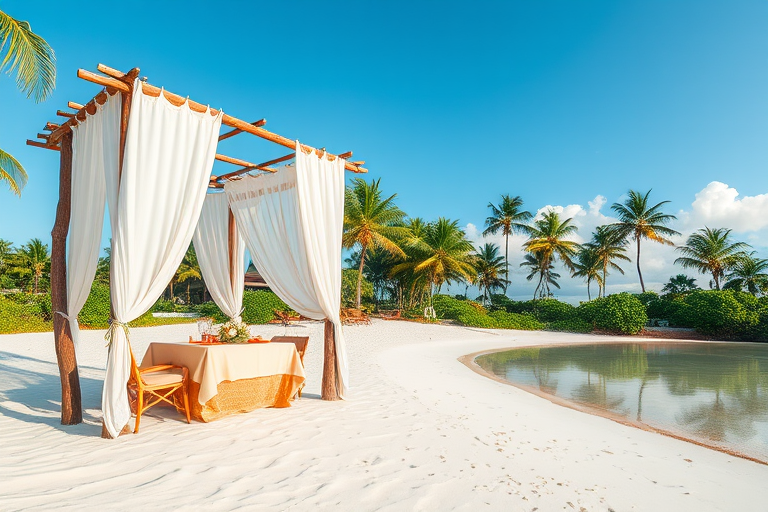 Create a picturesque tropical beach scene featuring a serene, white sandy shore. In the foreground, there's a rustic wooden canopy with white drapes gently flowing in the breeze. Underneath the canopy, a table is set with tropical decor, evoking a sense of relaxation and leisure. The beach extends into a calm, shallow water area with reflections of the sky and surroundings. Palm trees and lush greenery line the edge of the beach, providing a natural, tropical backdrop. The sky is clear with a few scattered clouds, and the overall atmosphere is tranquil and inviting, perfect for a peaceful retreat.