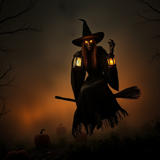 Create a dark fantasy scene featuring a menacing witch with glowing eyes, holding a lantern and riding a broomstick amidst a foggy landscape with carved pumpkins, shot with a Canon EOS R5 at f/1.8, ISO 100, 50mm lens, with dramatic lighting and high contrast to enhance mood and detail.