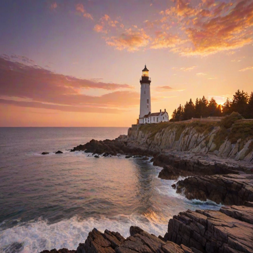 Generate an image of a tall lighthouse perched on a rocky outcrop surrounded by calm ocean waters during a breathtaking sunset. The lighthouse stands sturdy and weathered, its stone surface illuminated by the warm golden light of the setting sun. The sun's rays pass directly through the glass lantern room at the top of the lighthouse, casting a brilliant light across the scene. The sky is painted with vibrant shades of orange, pink, and purple, reflecting off the tranquil sea. The surrounding water shimmers with the same warm hues, creating a serene and majestic atmosphere.