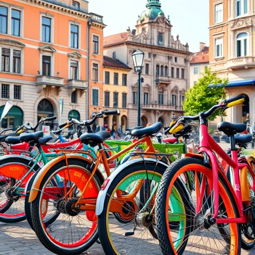 Generate an image of a row of colorful bicycles parked along a street with historical architecture in the background, captured with a Canon EOS R5, 50mm lens, f/1.8 aperture, ISO 100, and natural daylight for enhanced clarity and vibrancy.