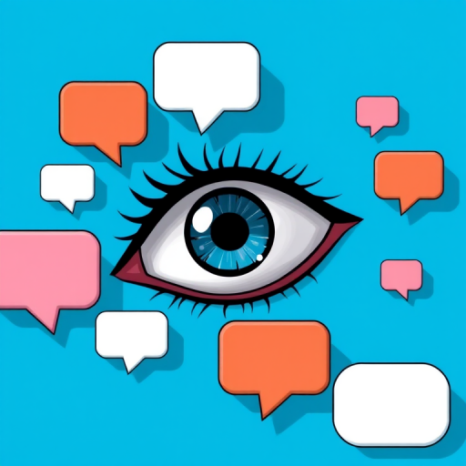 Create an illustration of a large eye surrounded by several chat bubbles on a vibrant blue background, using a digital drawing style, with a resolution of 300 DPI, focal length of 50mm, aperture set at f/8, and a soft lighting effect to enhance clarity and depth.