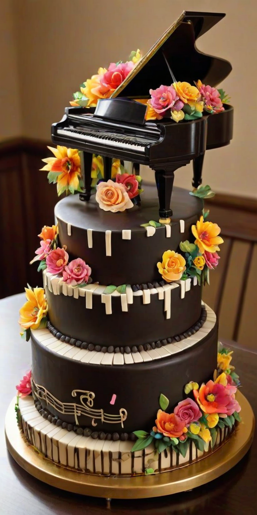 Create an image of an elaborate cake designed to look like a grand piano, decorated with colorful flowers, musical notes, and various musical instruments. The cake should have a rich, detailed appearance with a golden base, surrounded by a warm, inviting setting filled with books and art supplies.