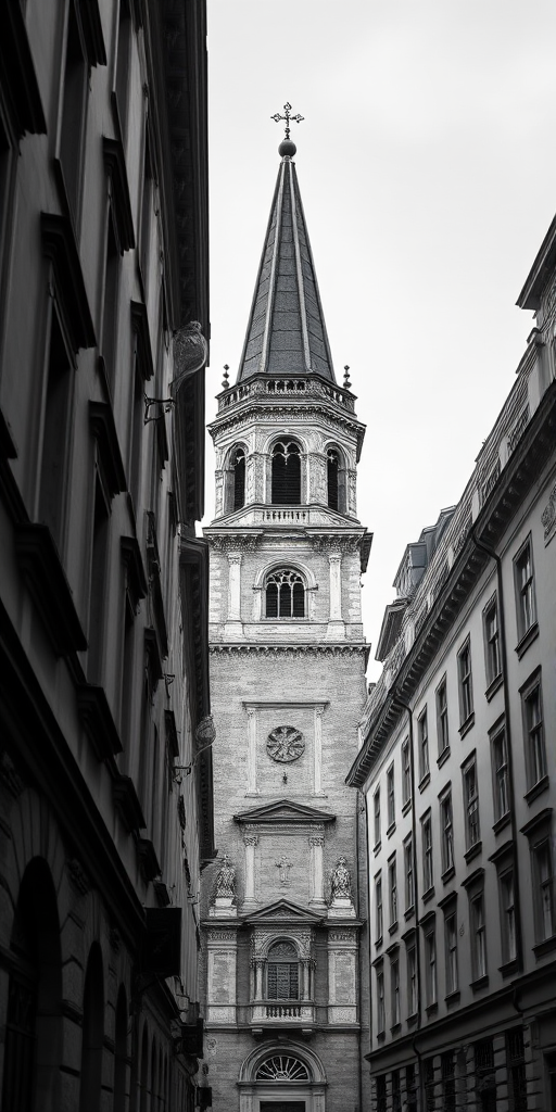 High-resolution black and white photograph of a church tower framed by historic buildings, captured with a Canon EOS 5D Mark IV, using a 24mm f/2.8 lens, aperture set to f/8, ISO 100, and shutter speed at 1/125 sec, with a straight-on view for enhanced depth and contrast.