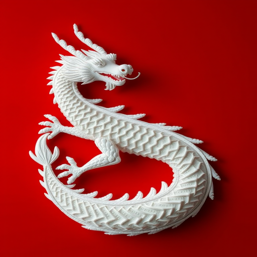 Create a high-resolution image of a stylized white dragon with intricate patterns on a vivid red background, captured with a DSLR camera at f/8, ISO 100, 24mm lens, in a flat lay view to enhance details and texture.
