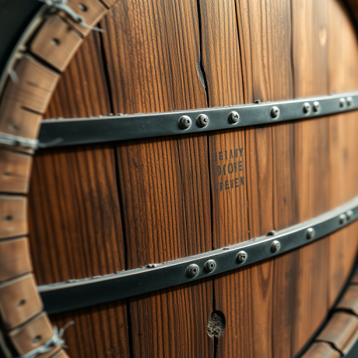 Create a detailed, high-resolution image of a wooden barrel with visible wood grain and metal bands, shot with a DSLR camera at f/4 aperture, ISO 100, 50mm lens, in natural soft lighting from the side to enhance texture and depth.