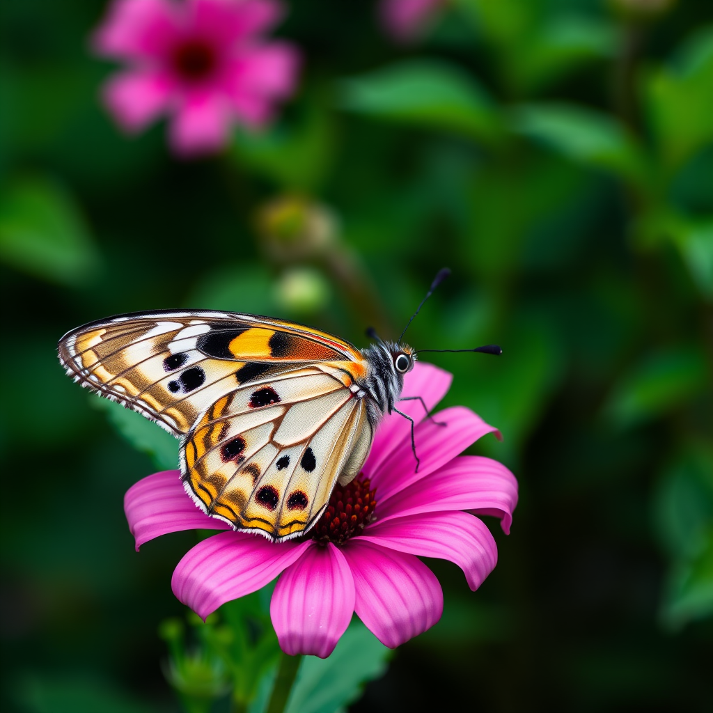 Generate an image of a butterfly perched on a pink flower in a lush green environment. The butterfly should have intricate patterns on its wings, showcasing vibrant colors. The background should be softly blurred to emphasize the butterfly and the flower.