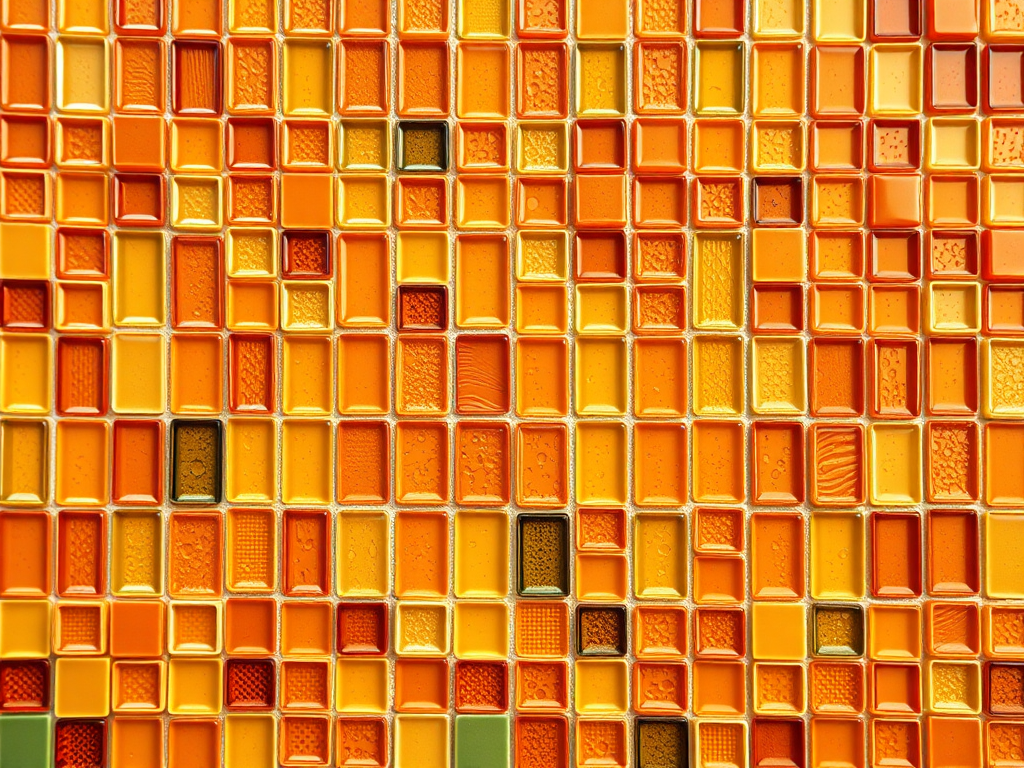 generate an abstract image of vibrant mosaic tiles in orange, gold, and green hues with a glossy finish, using a DSLR camera with a 50mm lens, aperture set to f/1.8, ISO 100, and a shallow depth of field for enhanced detail and texture.