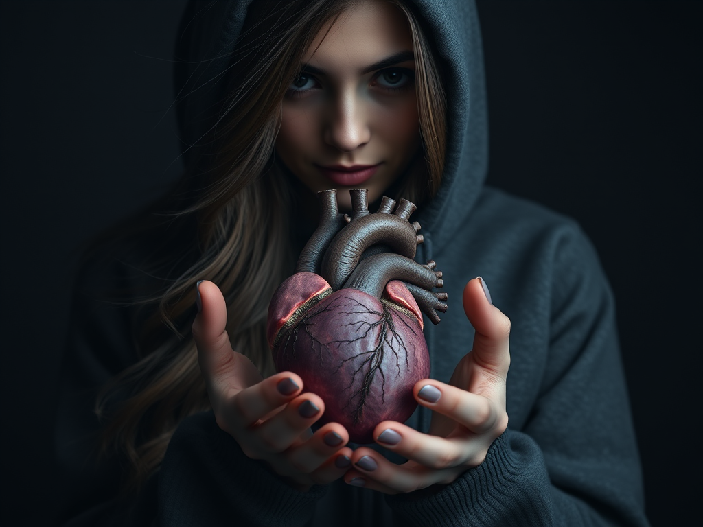 A portrait of a woman with long, flowing hair wearing a hooded sweatshirt, holding a detailed anatomical heart in her hands, dark and moody lighting, focus on the heart with a shallow depth of field, ISO 100, f/2.8, 85mm lens, softbox lighting for gentle highlights.