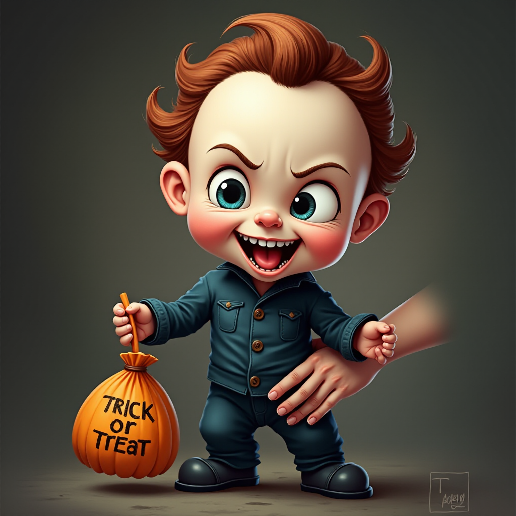 A whimsical caricature of a child version of Michael Myers, grinning mischievously. He is held by the hand of an unrecognizable person (only their hand visible), while holding a bag labeled 'Trick or Treat.' His facial expression is playful yet slightly menacing, reflecting his iconic figure. The scene is in portrait format with a Halloween theme, featuring exaggerated cartoon details like big eyes, a small body, and a creepy yet light-hearted tone.